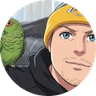 Sean, Squawkery's AI parrot guide, with a green parrot on his shoulder